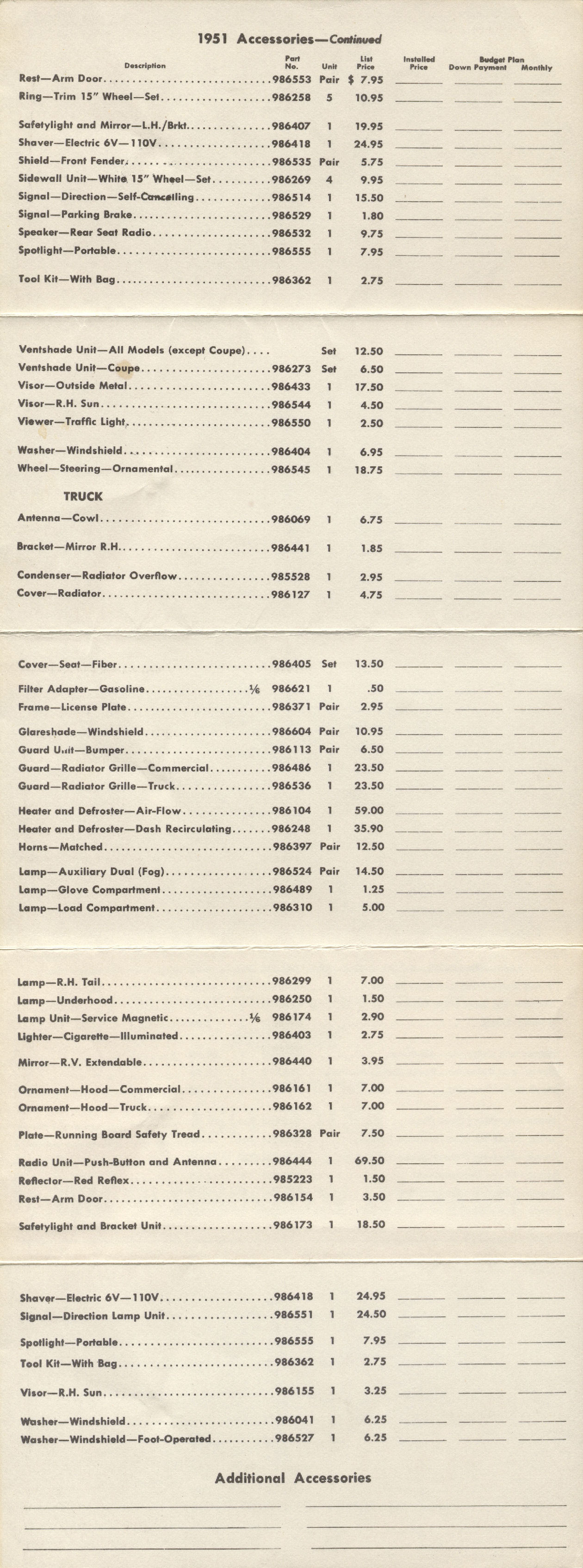1951 Chevrolet Accessories Price List Page 2